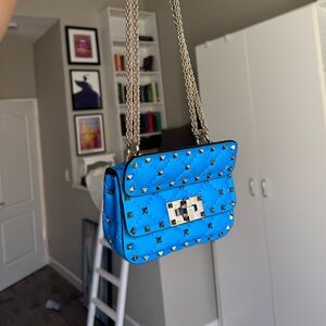 VALENTINO GARAVANI 
Calfskin Micro Rockstud Spike Shoulder Bag in Blue Fluo